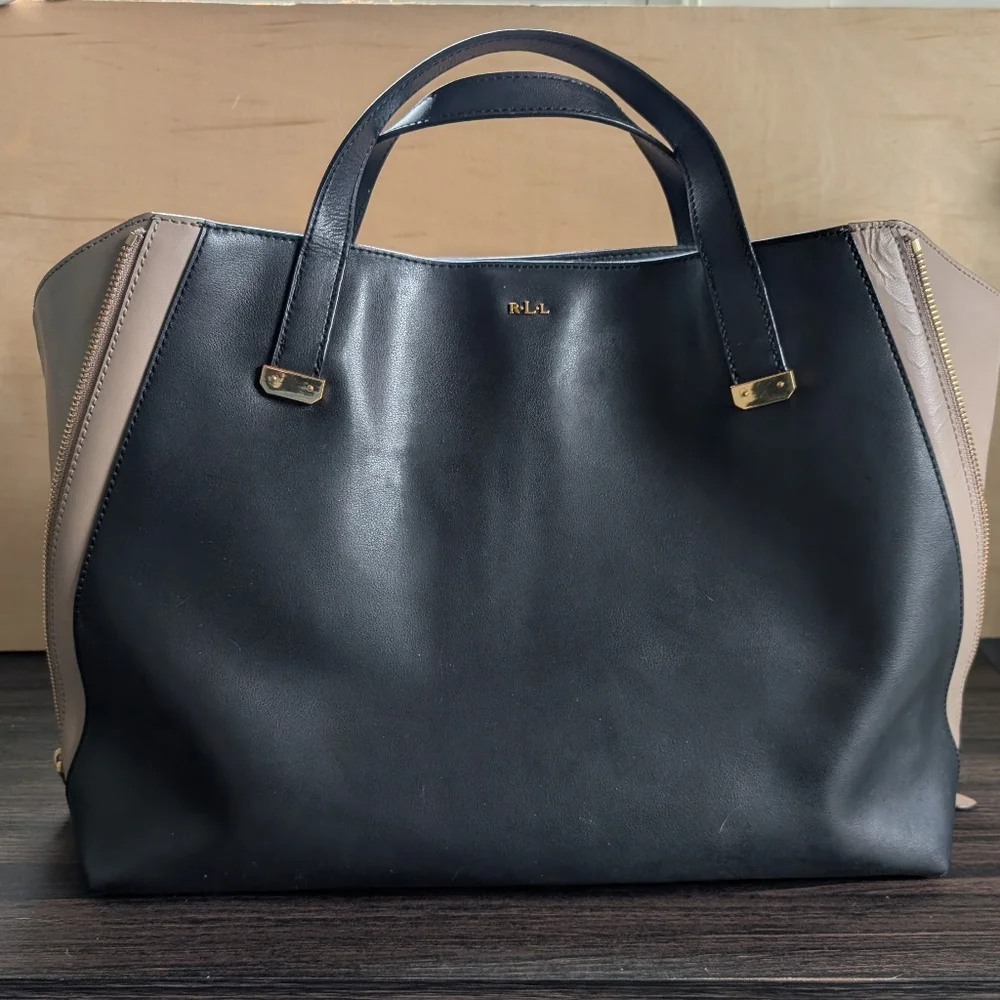 Lauren Ralph Lauren Handbag Large Tote Black And Taupe Gold Zipper And Feet - Picture 4 of 7